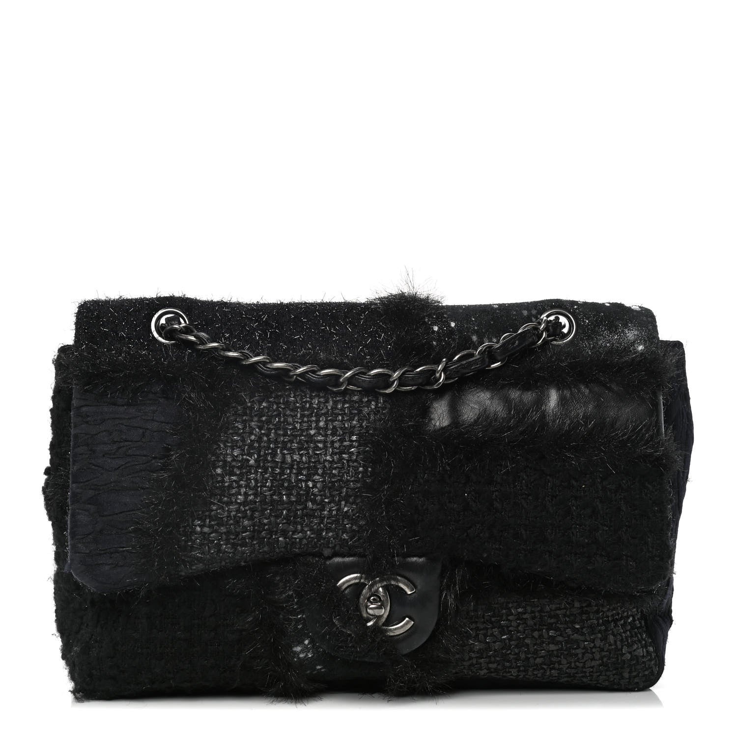 Chanel Tweed Faux Fur Patchwork Jumbo Single Flap Black 1 of 11