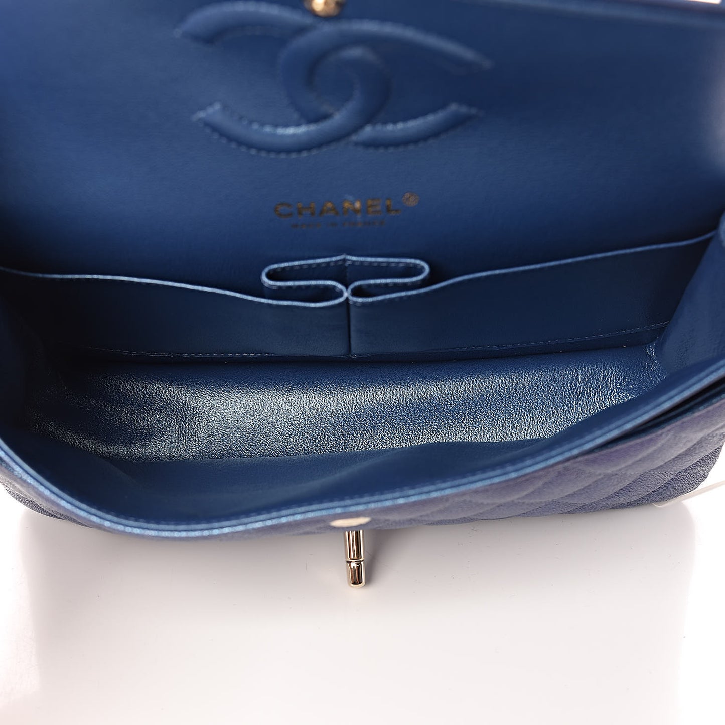 Iridescent Caviar Quilted Medium Double Flap Dark Blue