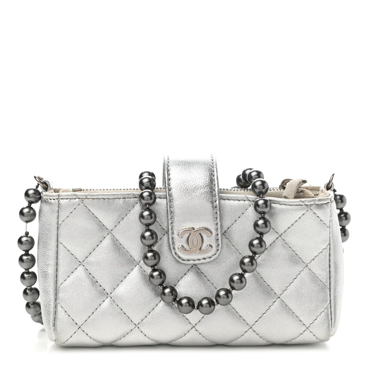 Metallic Lambskin Quilted Pearl Chain Mini Love Symbols Bag Silver