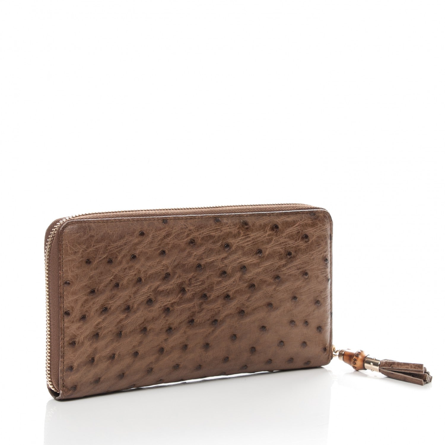 Gucci Ostrich Bamboo Zip Around Wallet Dark Beige 3 of 7