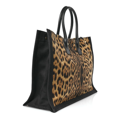 Saint Laurent Canvas Calfskin Leopard Print Rive Gauche Noe Tote Natural Black 3 of 12