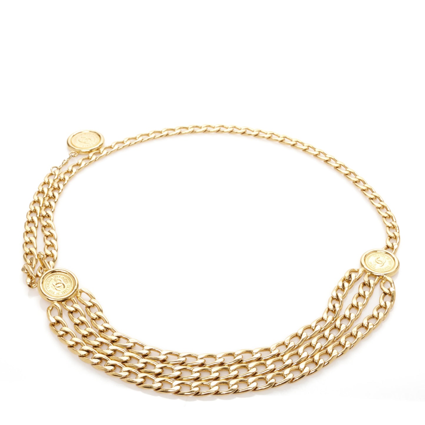 Metal Medallion CC Triple Chain Belt Gold