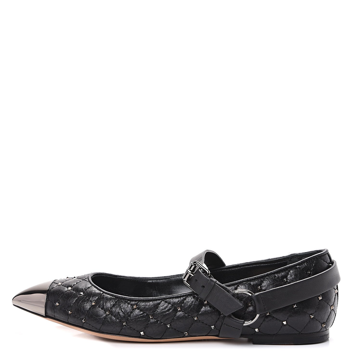 Valentino Garavani Crackled Lambskin Rockstud Spike Captoe Ballerina Flats 37 Black 1 of 10