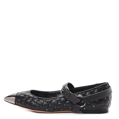 Valentino Garavani Crackled Lambskin Rockstud Spike Captoe Ballerina Flats 37 Black 1 of 10