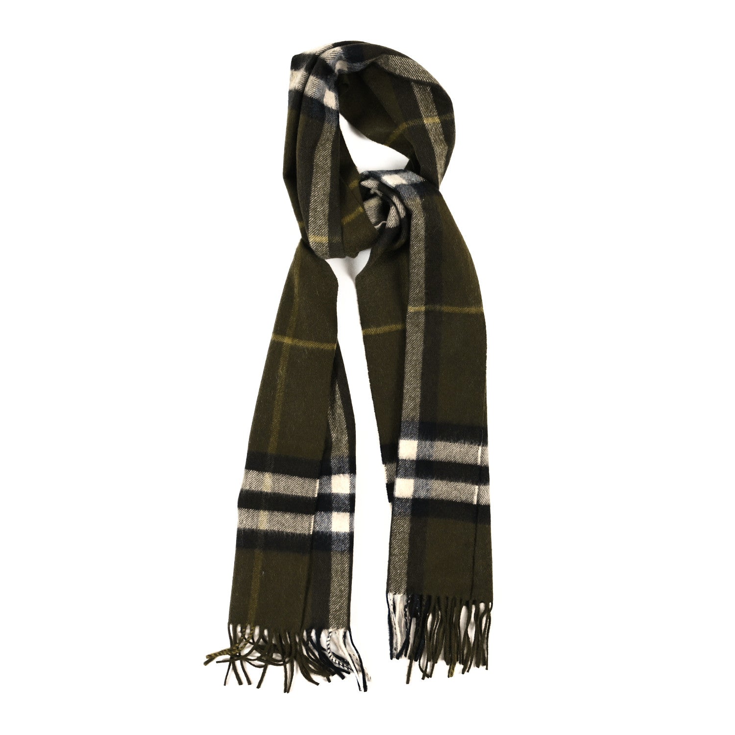 Burberry Cashmere House Check Fringe Scarf Olive Green 1 of 3