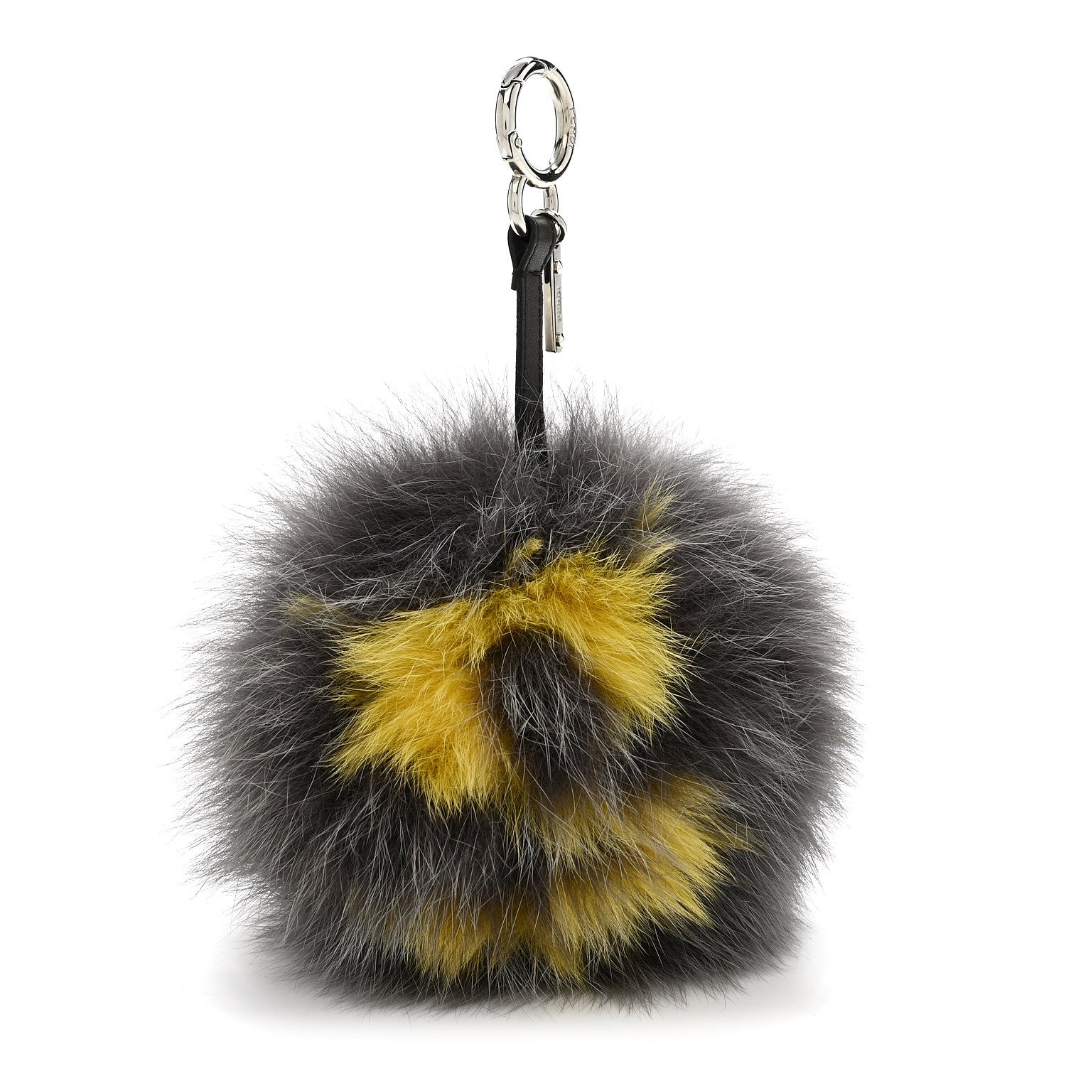 Fendi Fox Fur FF Reloaded Pom Pom Bag Charm Grey Yellow 1 of 4