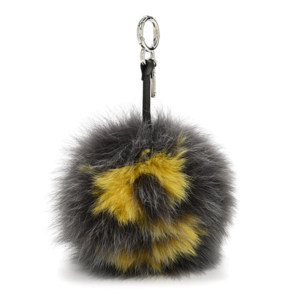 Fendi Fox Fur FF Reloaded Pom Pom Bag Charm Grey Yellow 1 of 4