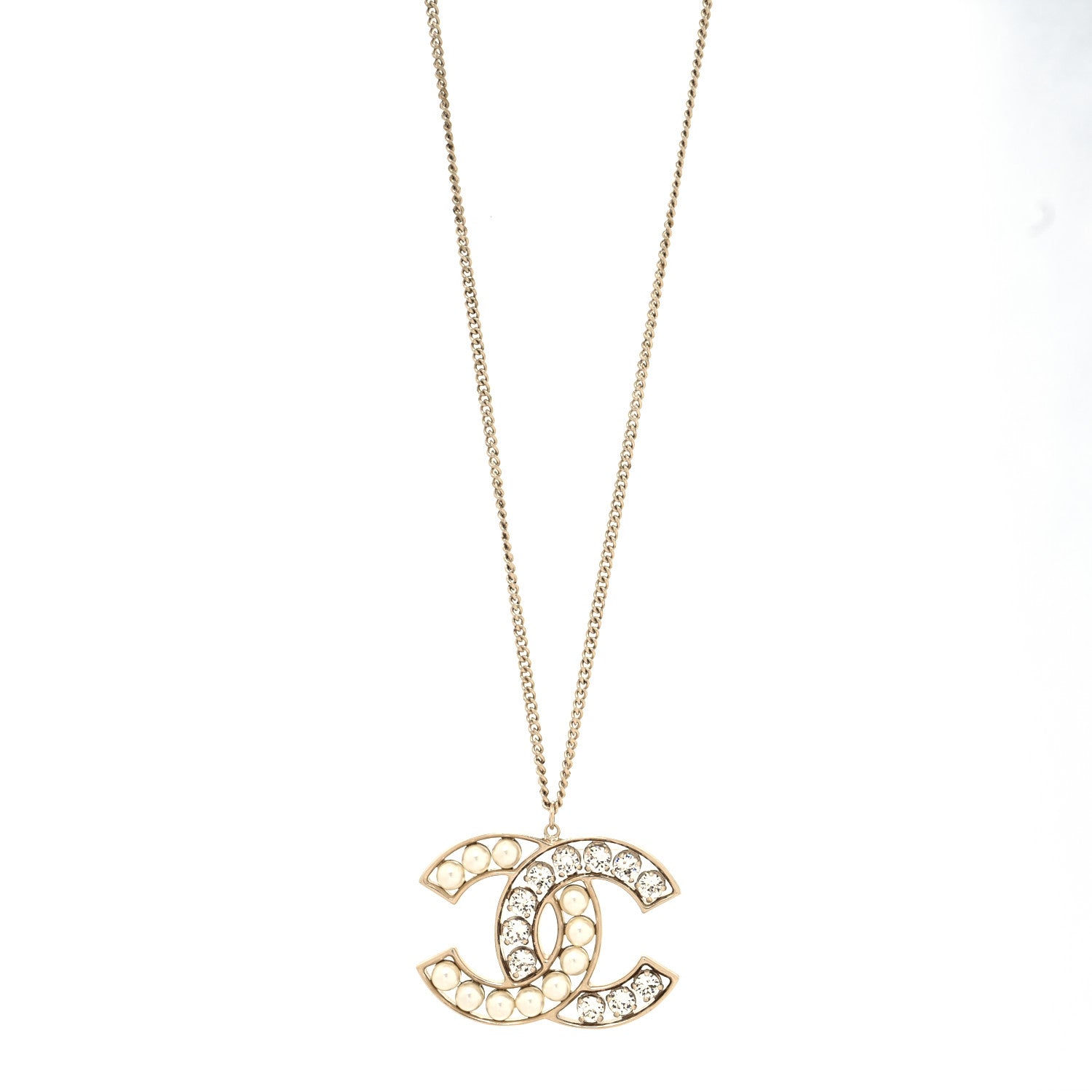 Chanel Crystal Pearl CC Pendant Necklace Gold 1 of 5