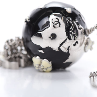 Chanel Camellia CC Globe Drop Pendant Necklace Black Silver 6 of 7