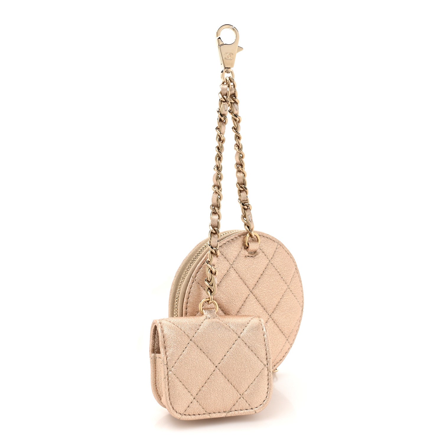 Chanel Metallic Lambskin Quilted Round Clip On Coin Purse Airpods Case Gold 3 of 10