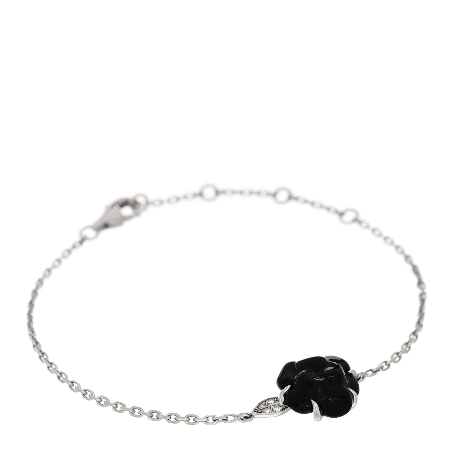 18K White Gold Diamond Black Onyx Camelia Sculpte Bracelet