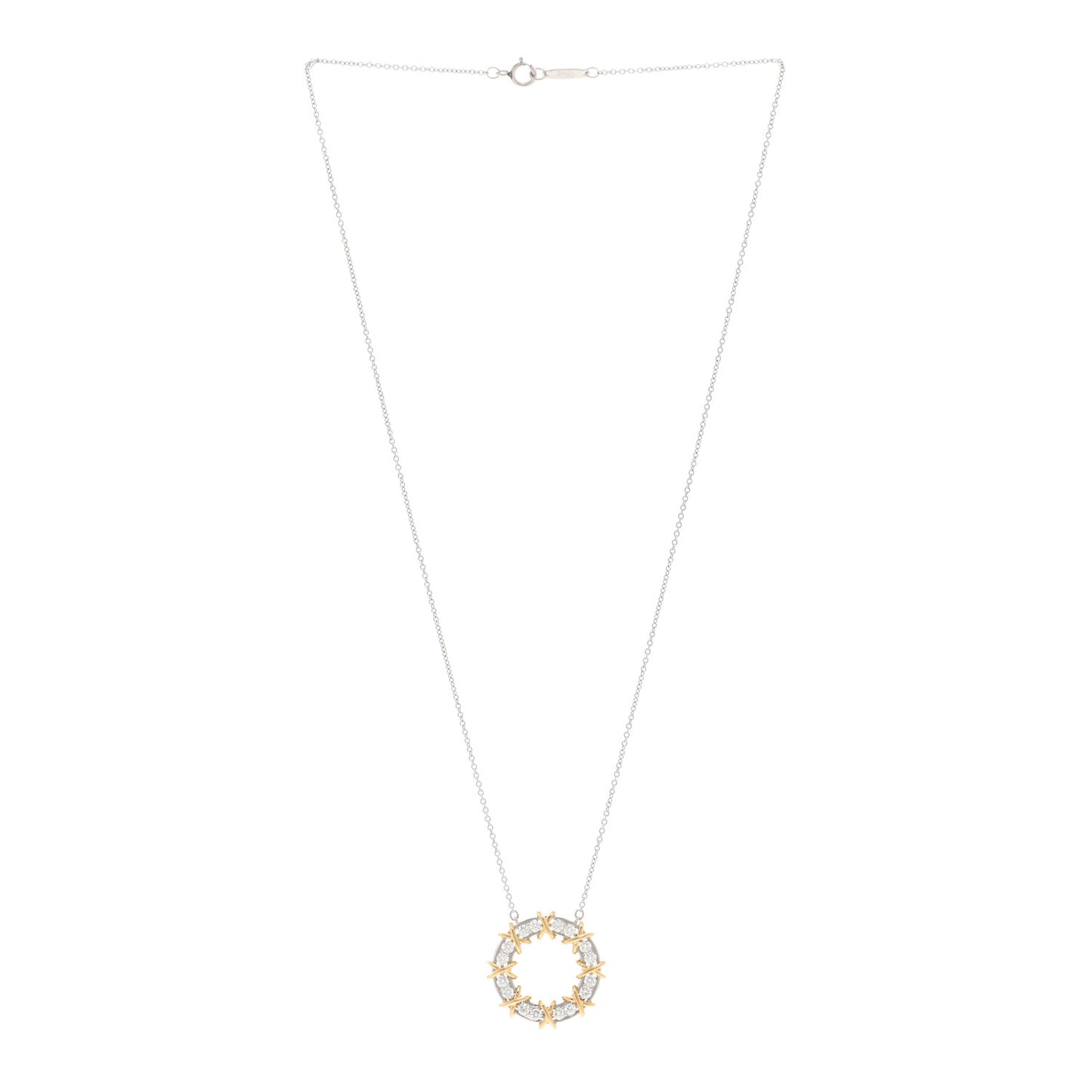 18K Yellow Gold Platinum Diamond Schlumberger Sixteen Stone Circle Pendant Necklace