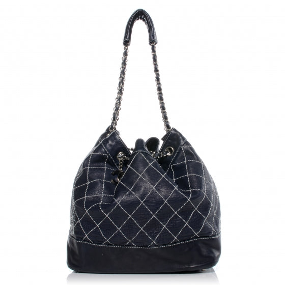 Chanel Leather Contrast Stitch Drawstring Tote Navy 1 of 8