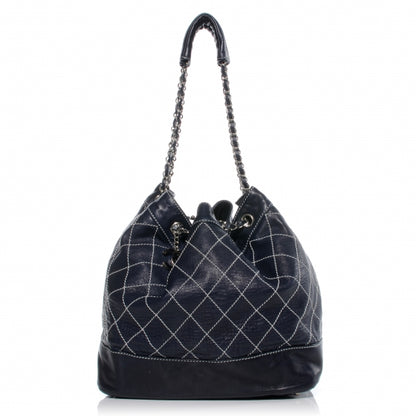Chanel Leather Contrast Stitch Drawstring Tote Navy 1 of 8