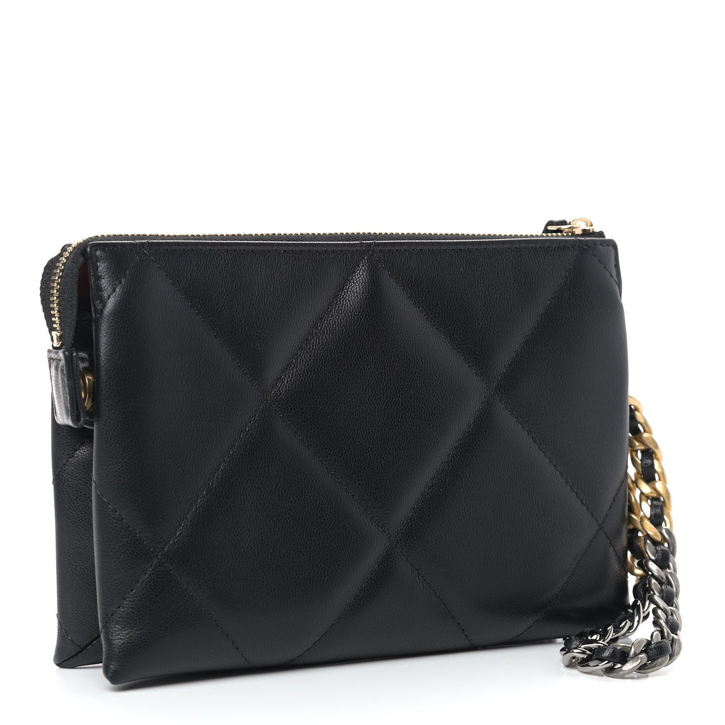 Shiny Goatskin Quilted Small Chanel 19 Pouch With Handle Black