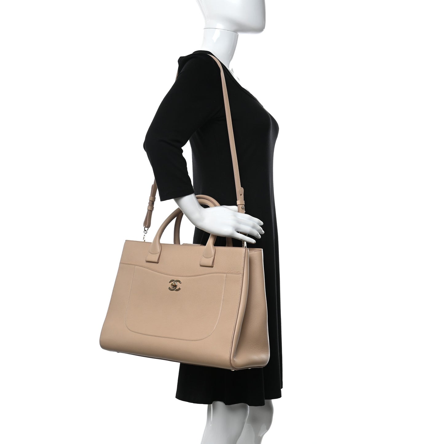 Grained Calfskin Medium Neo Executive Shopper Tote Beige