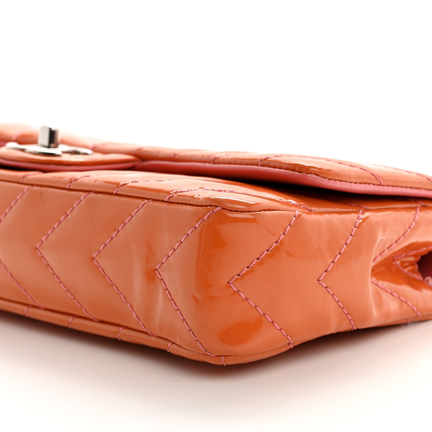 Chanel Patent Calfskin Chevron Quilted East West Flap Orange Pink 10 of 11