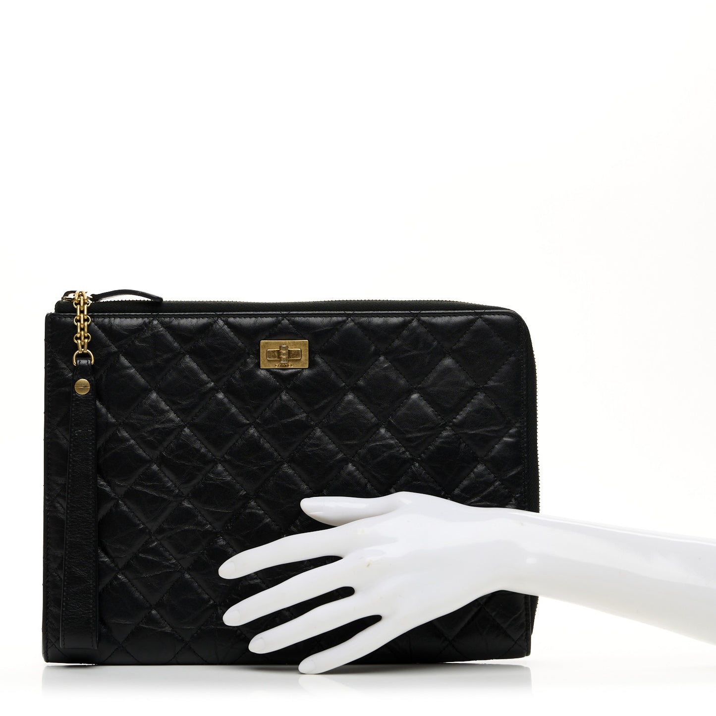 Aged Calfskin Quilted 2.55 Reissue Pouch With Handle Black