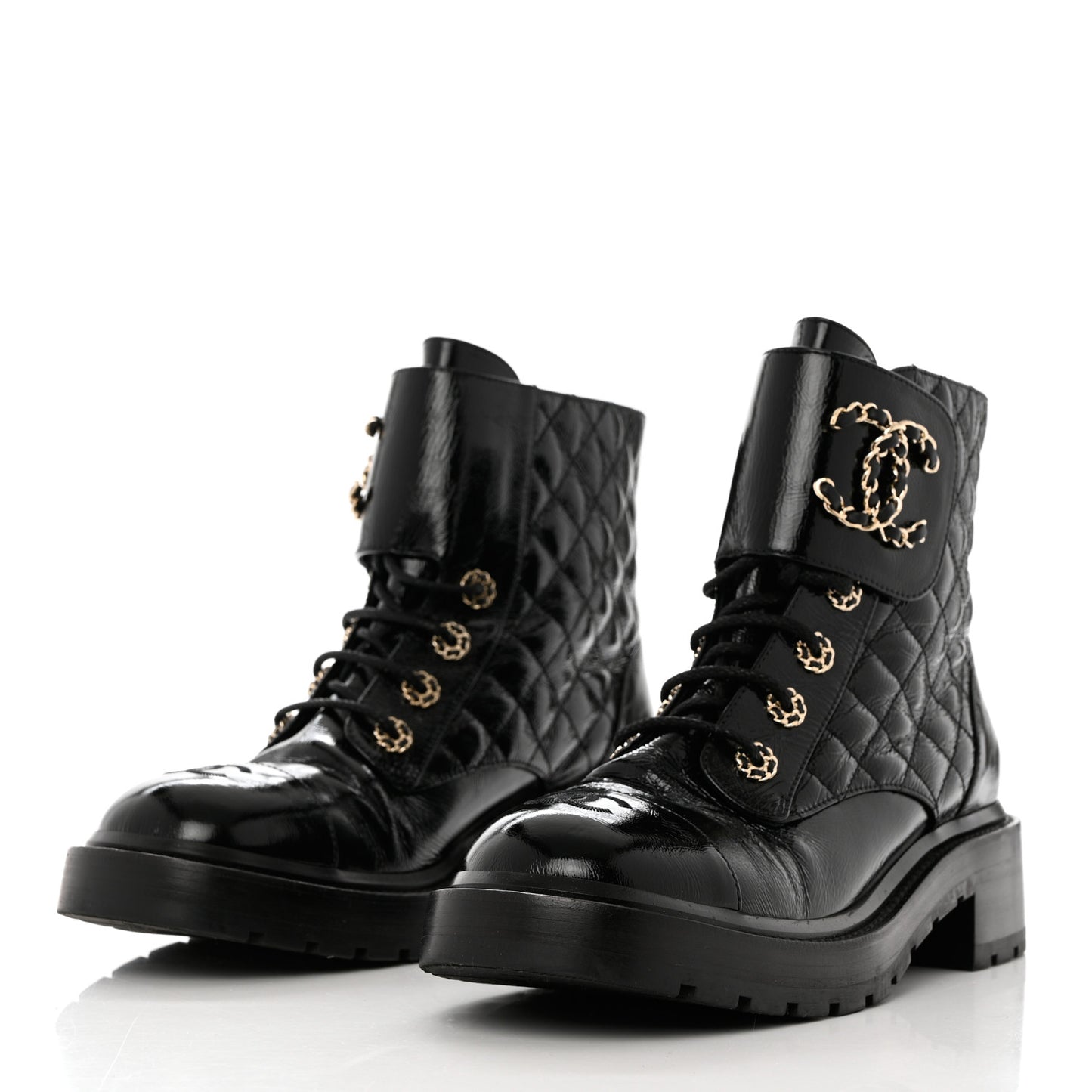 Shiny Goatskin Calfskin Quilted Lace Up Combat Boots 39.5 Black