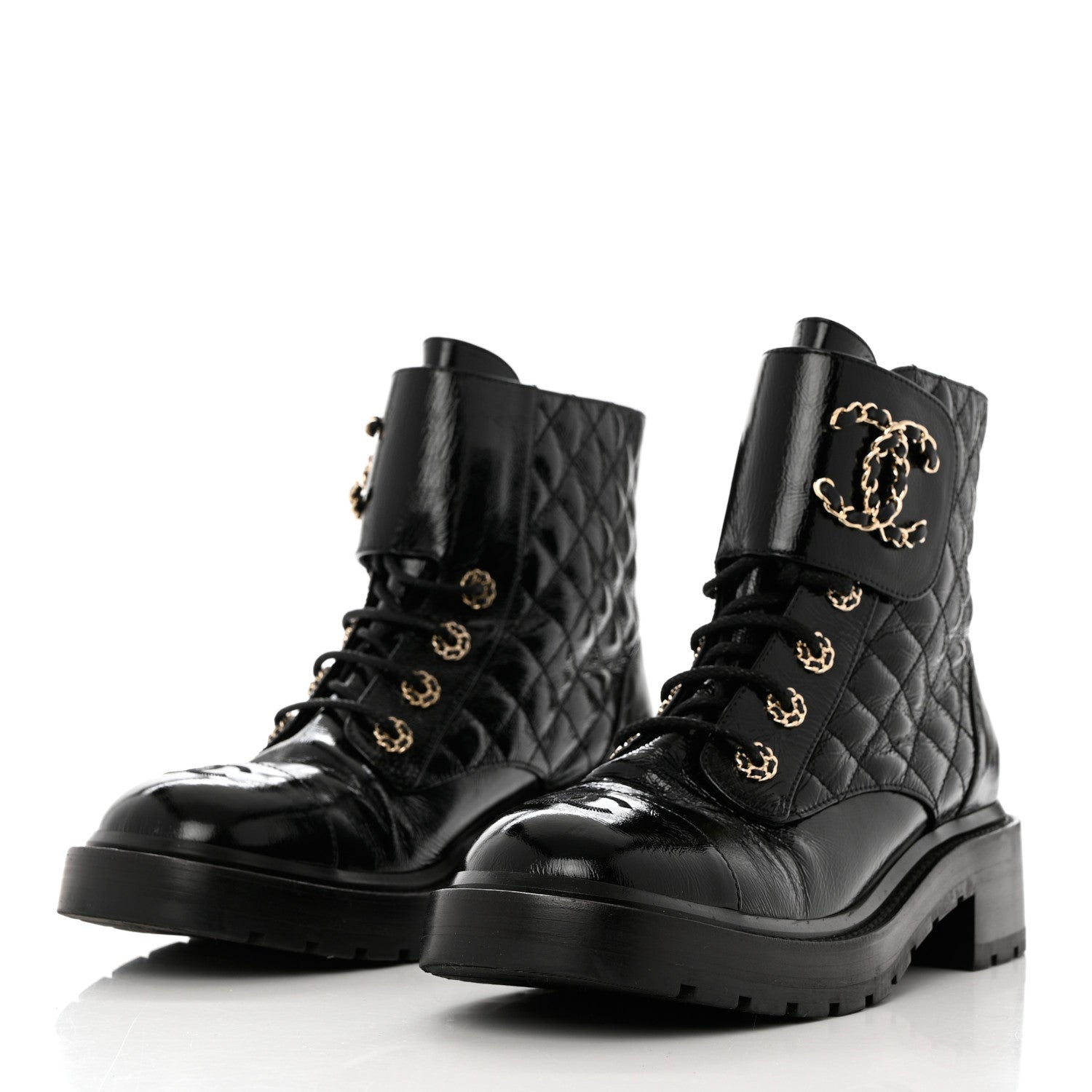 Chanel Shiny Goatskin Calfskin Quilted Lace Up Combat Boots 39.5 Black 3 of 9