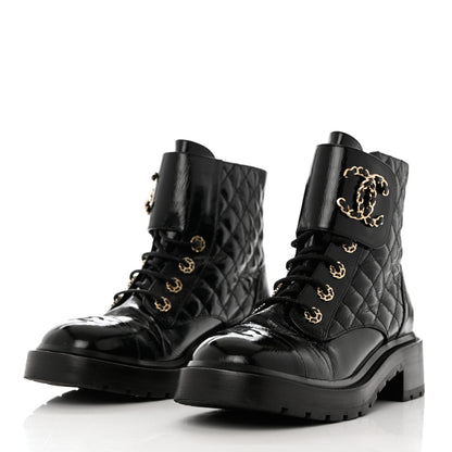Chanel Shiny Goatskin Calfskin Quilted Lace Up Combat Boots 39.5 Black 3 of 9