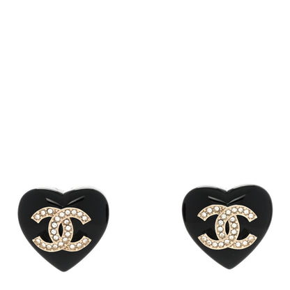 Chanel Resin Crystal CC Heart Earrings Black Gold 1 of 5