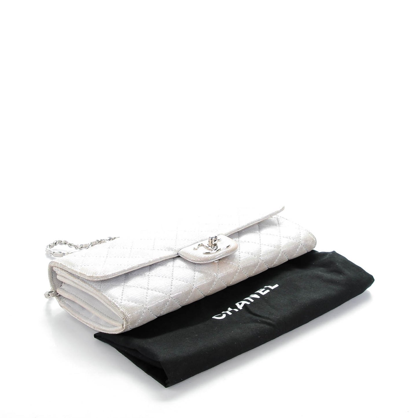 Metallic Suede Quilted East West Flap Clutch Silver