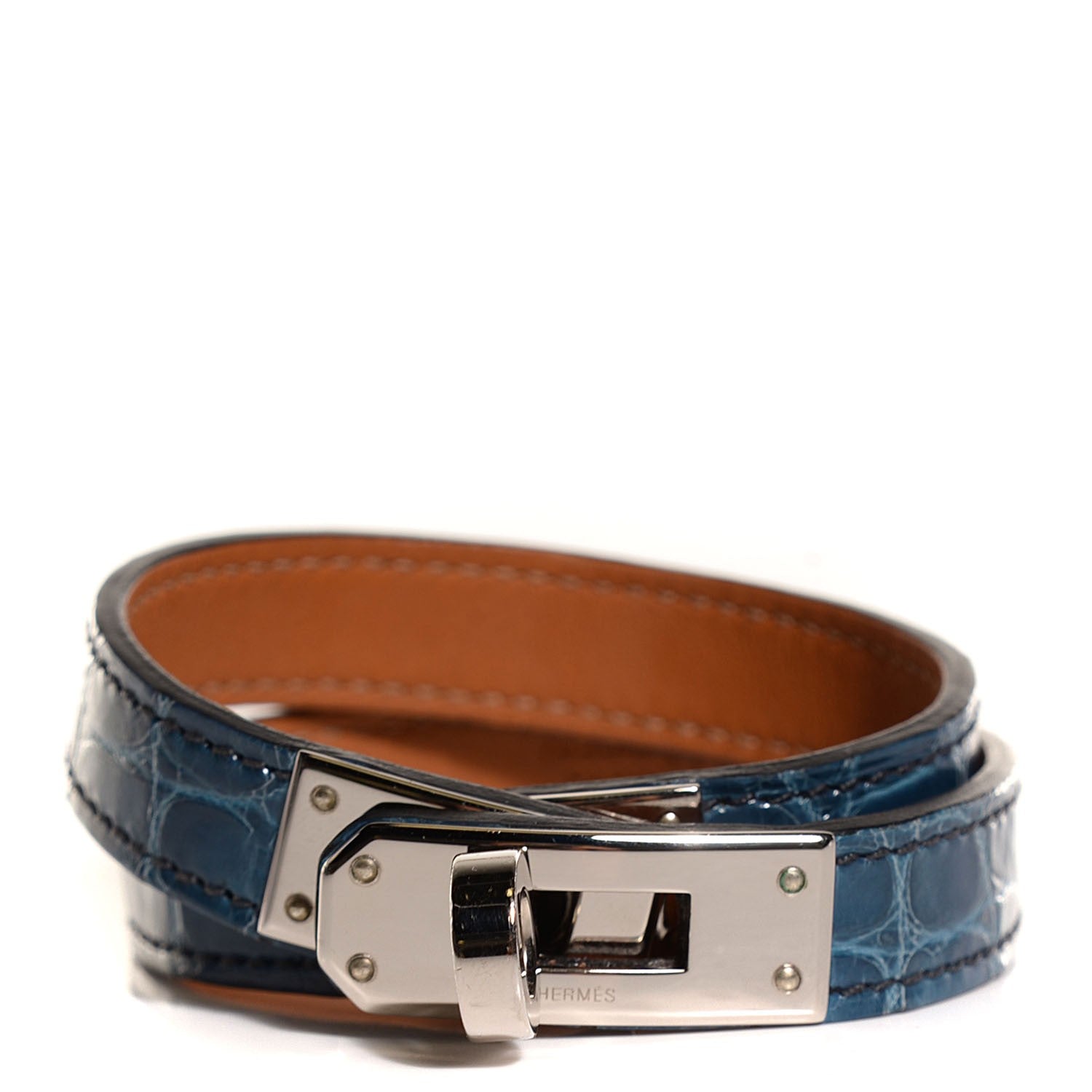 Hermes Shiny Alligator Kelly Double Tour Bracelet Small Blue Jean 1 of 7