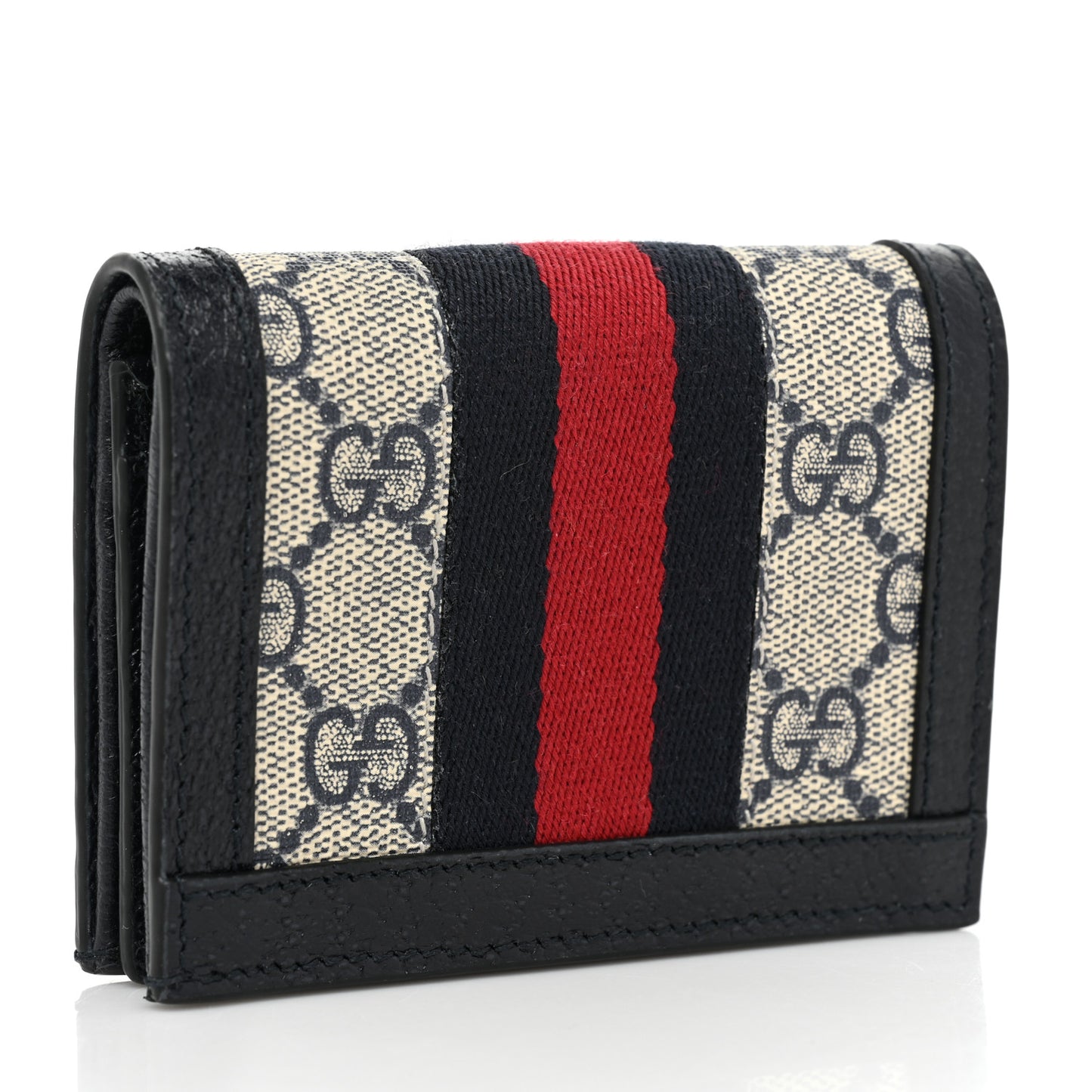 GG Supreme Monogram Textured Dollar Calfskin Web Ophidia Card Case Beige Blue