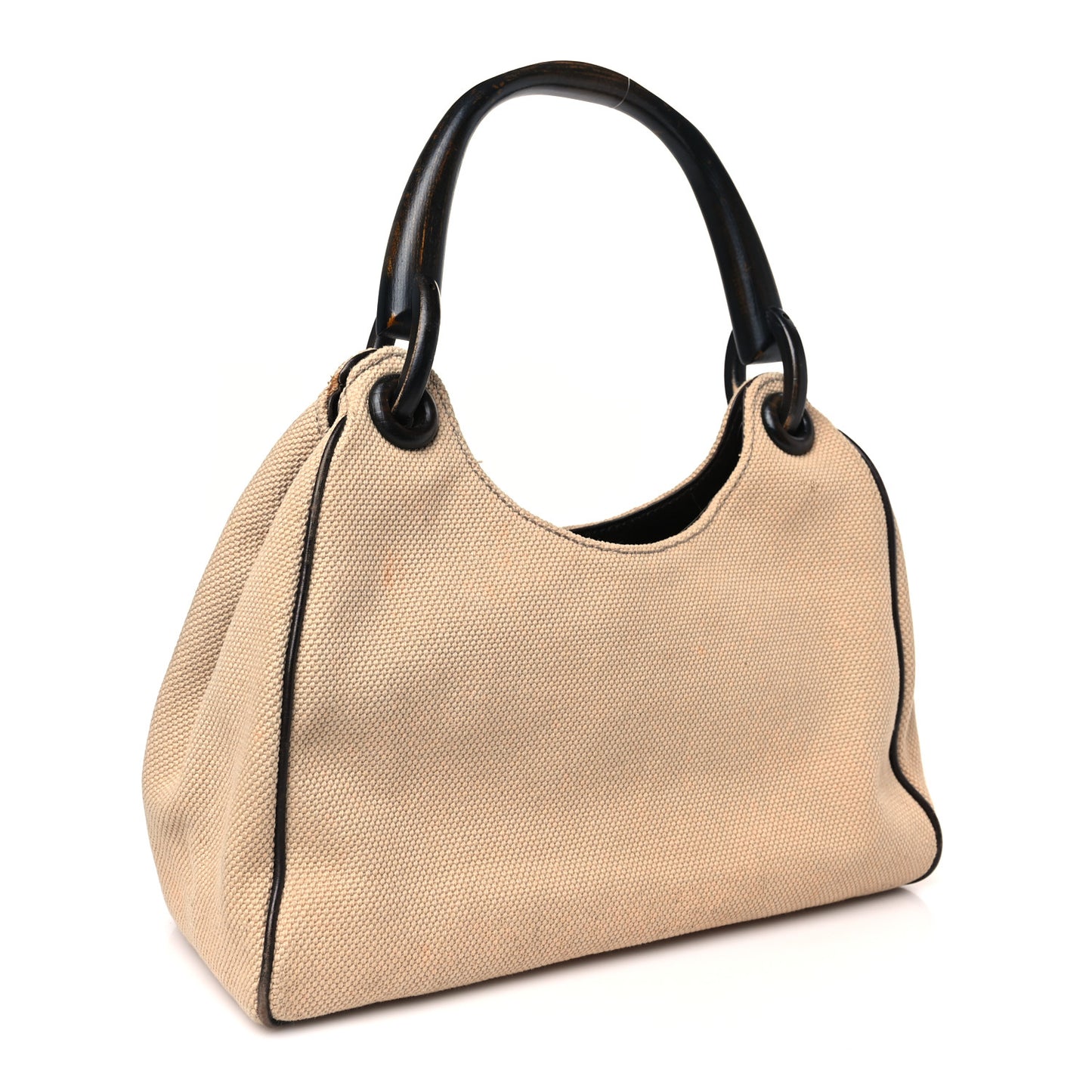Canvas Wooden Handle Shoulder Bag Beige