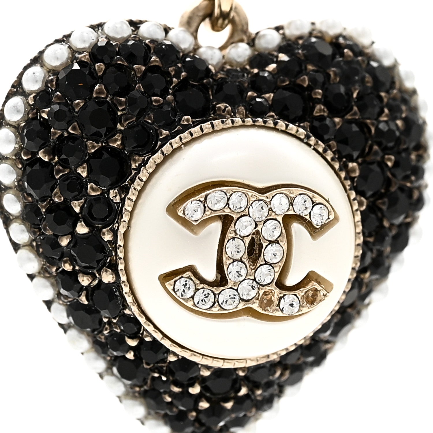 Chanel Pearl Crystal CC Heart Necklace Gold Pearly White Black 5 of 5