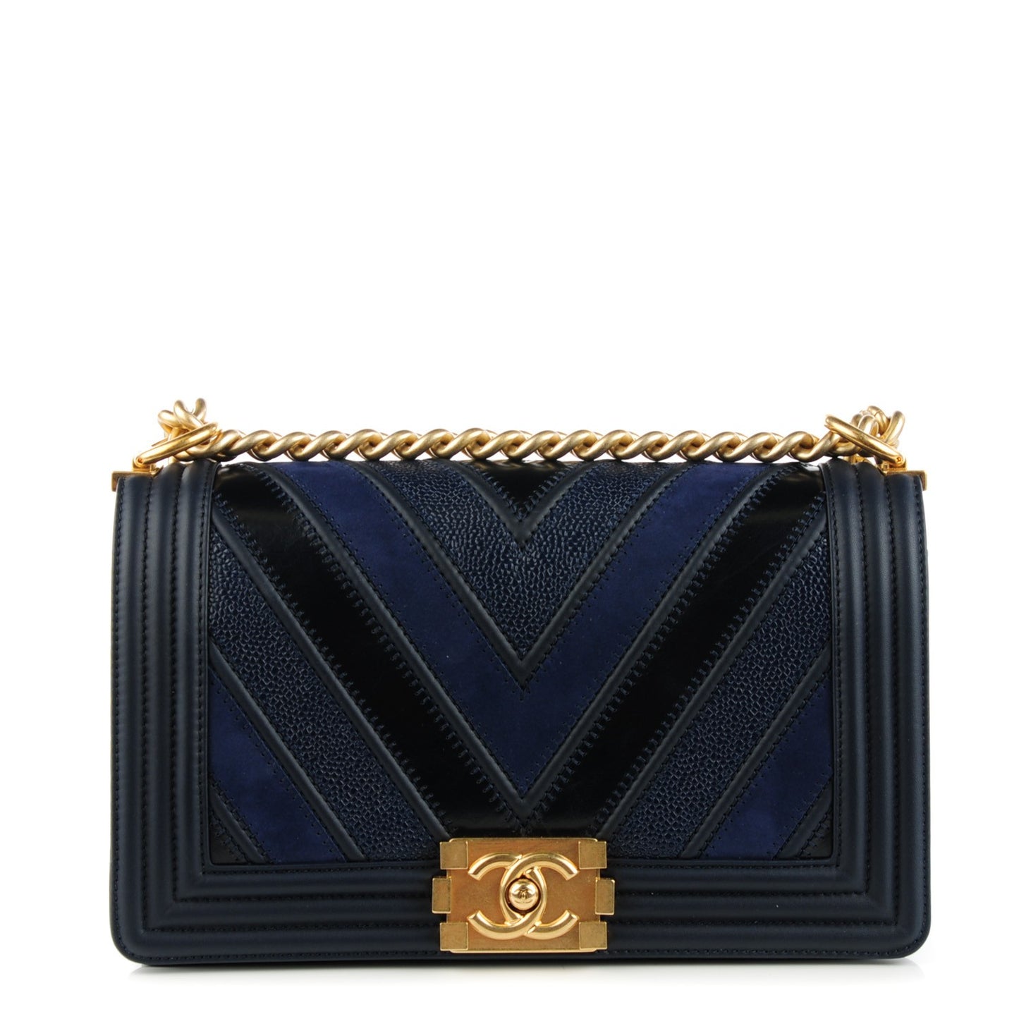 Calfskin Caviar Suede Chevron Medium Boy Flap Navy