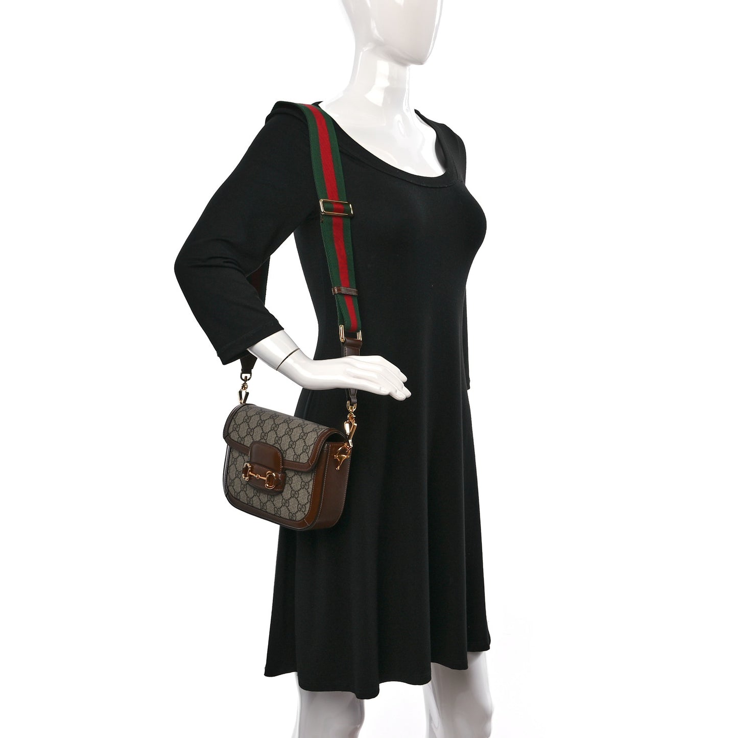 GG Supreme Monogram Azalea Calfskin Web Mini Horsebit 1955 Shoulder Bag Beige Ebony Brown Sugar