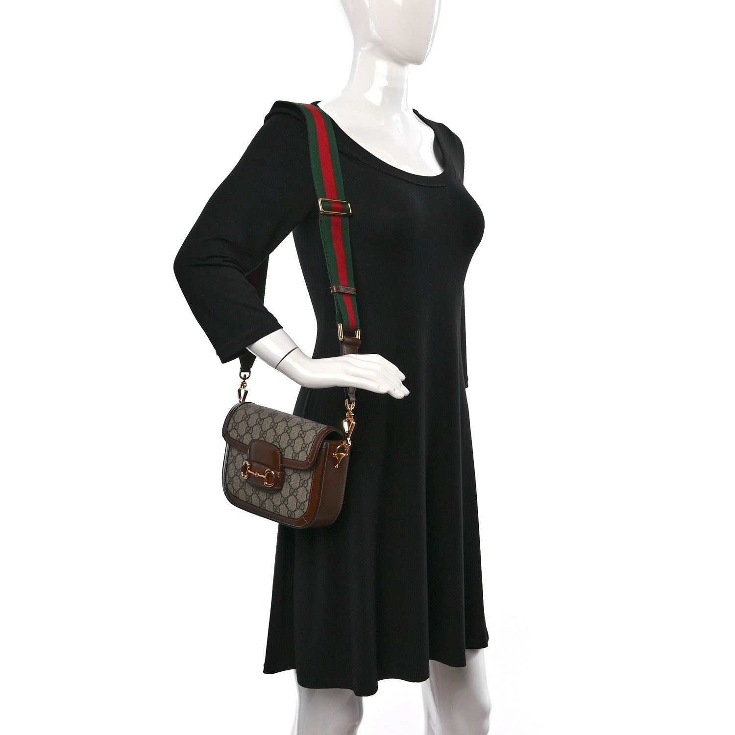 Gucci GG Supreme Monogram Azalea Calfskin Web Mini Horsebit 1955 Shoulder Bag Beige Ebony Brown Sugar 2 of 12