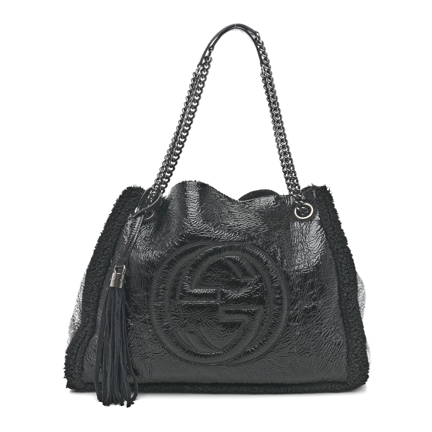 Patent Shearling Medium Soho Chain Shoulder Bag Black