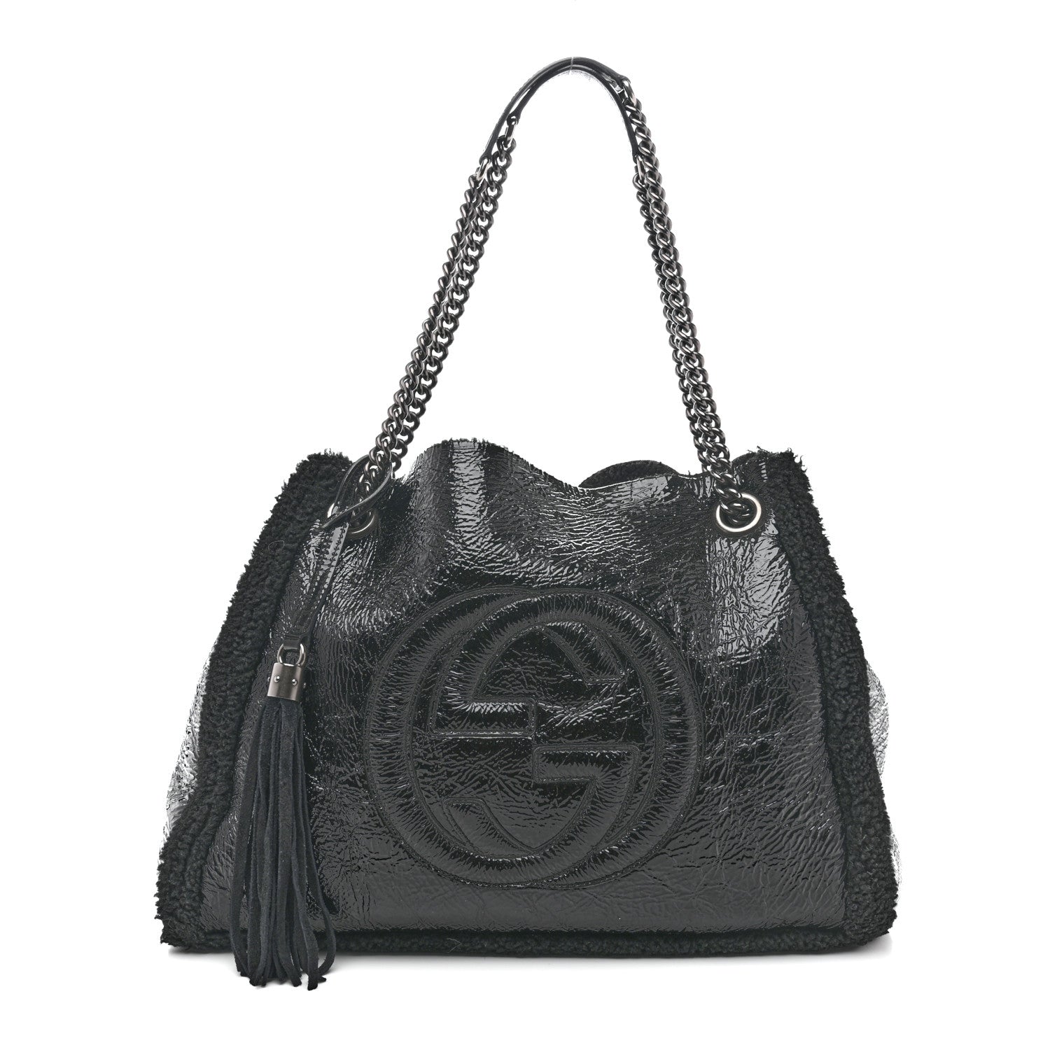 Gucci Patent Shearling Medium Soho Chain Shoulder Bag Black 1 of 14
