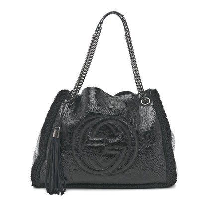 Gucci Patent Shearling Medium Soho Chain Shoulder Bag Black 1 of 14