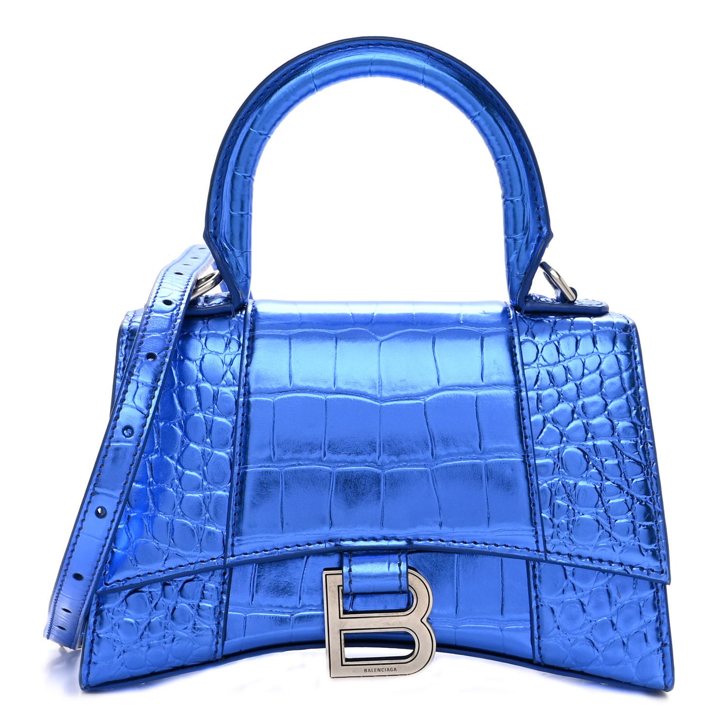 Metallic Shiny Calfskin Crocodile Embossed Hourglass Top Handle Bag XS Royal Blue