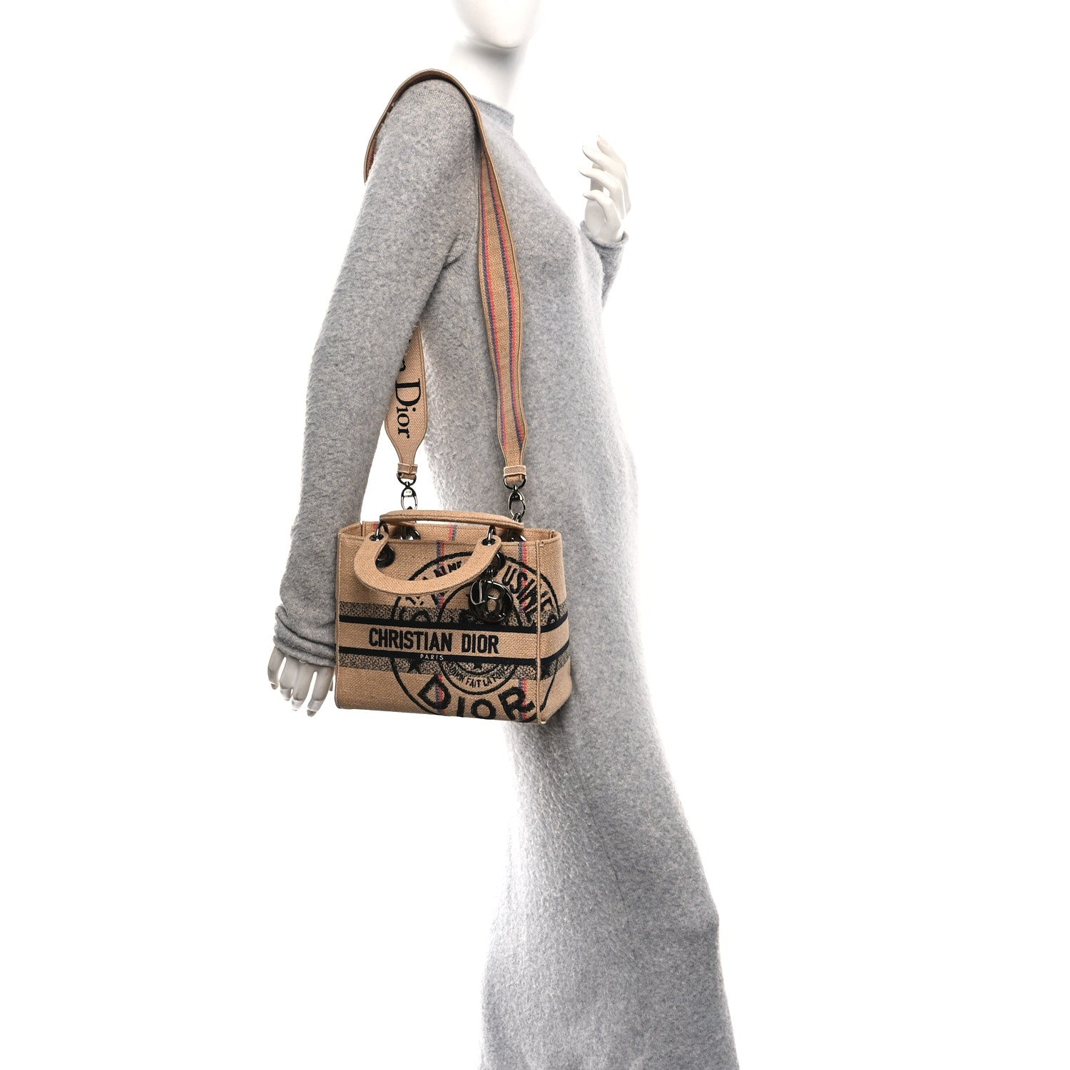 Christian Dior Canvas Jute Embroidered Medium Lady D-Lite Beige Multicolor 2 of 10