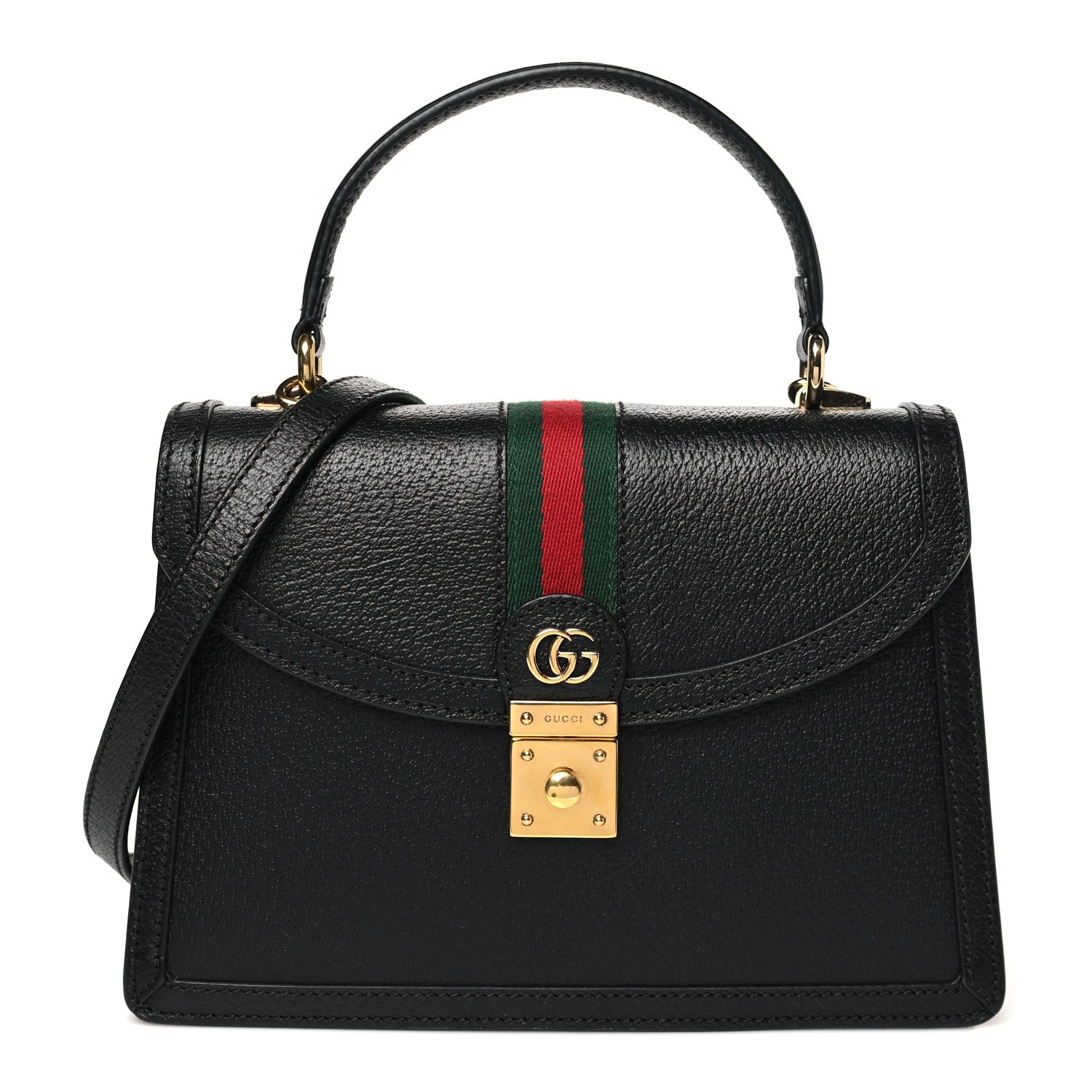 Gucci Textured Dollar Calfskin Web Small Ophidia Padlock Top Handle Bag Black 1 of 10