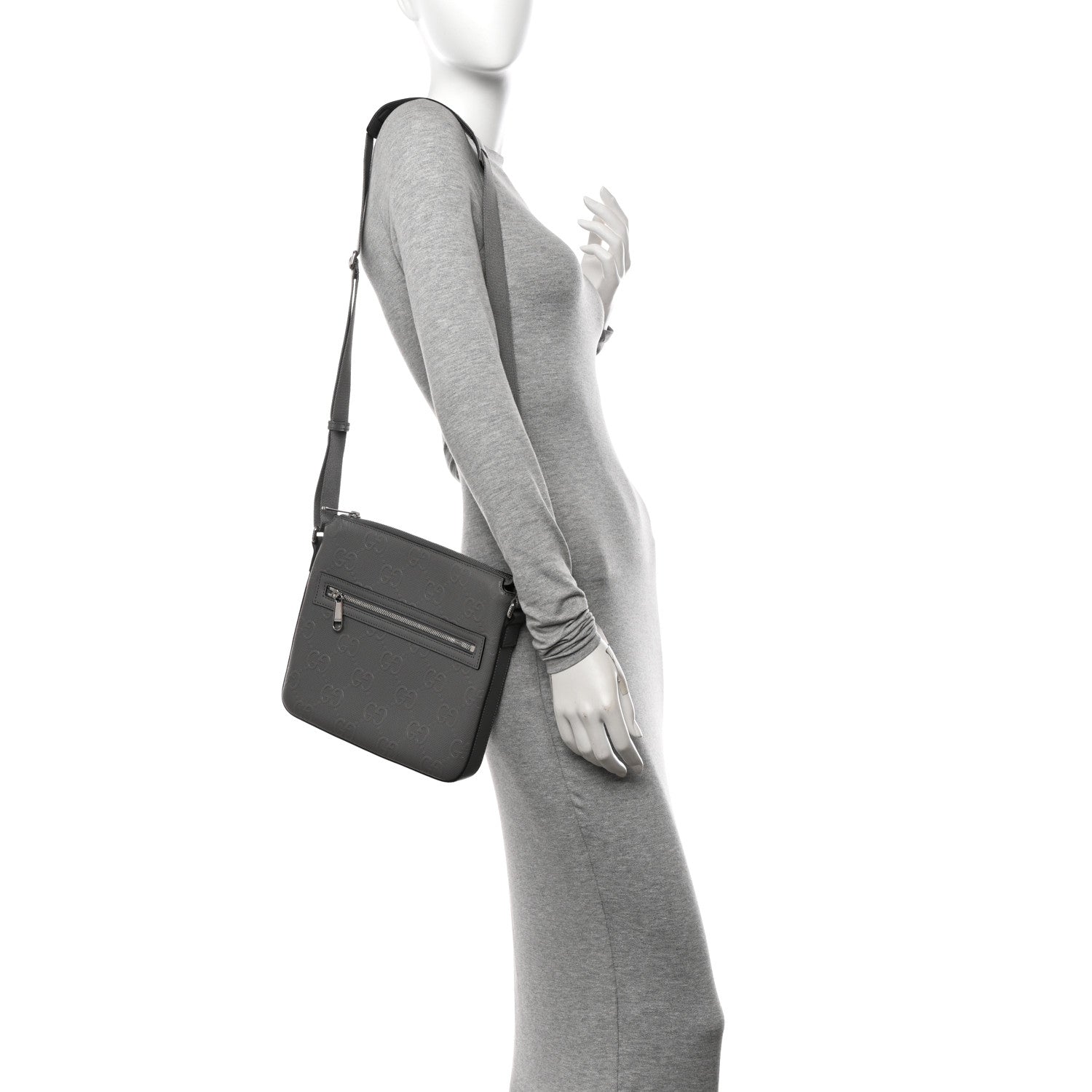Gucci Calfskin GG Tennis Embossed Small Flat Messenger Bag Grey 2 of 9