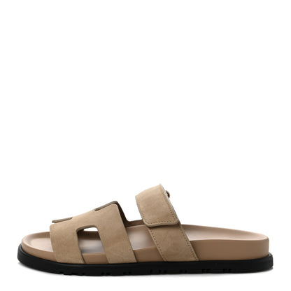 Hermes Suede Goatskin Womens Chypre Sandals 37 Beige Argile 1 of 9