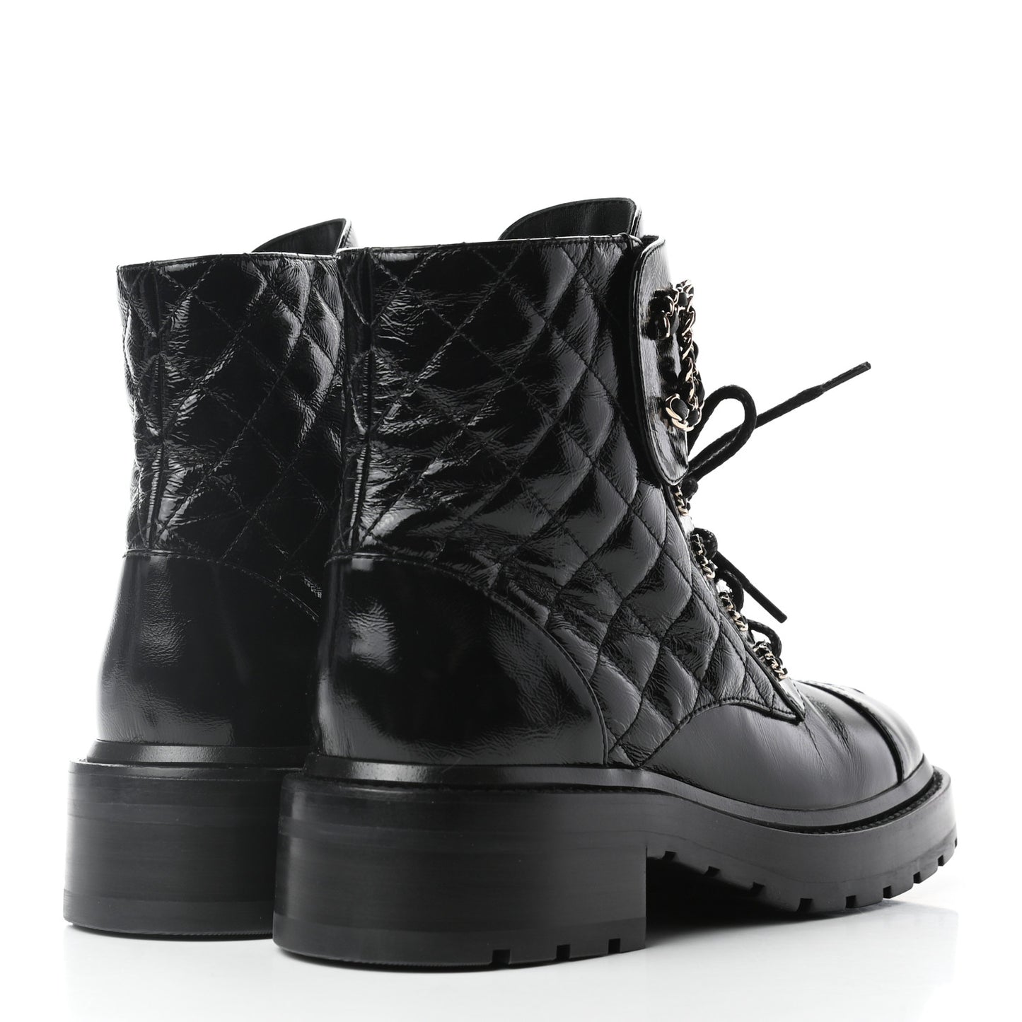 Shiny Calfskin Quilted Lace Up Combat Boots 37.5 Black