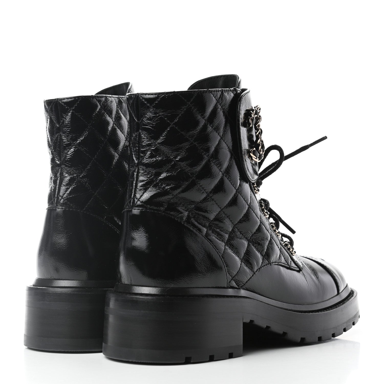 Chanel Shiny Calfskin Quilted Lace Up Combat Boots 37.5 Black 4 of 9