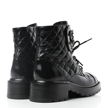 Chanel Shiny Calfskin Quilted Lace Up Combat Boots 37.5 Black 4 of 9