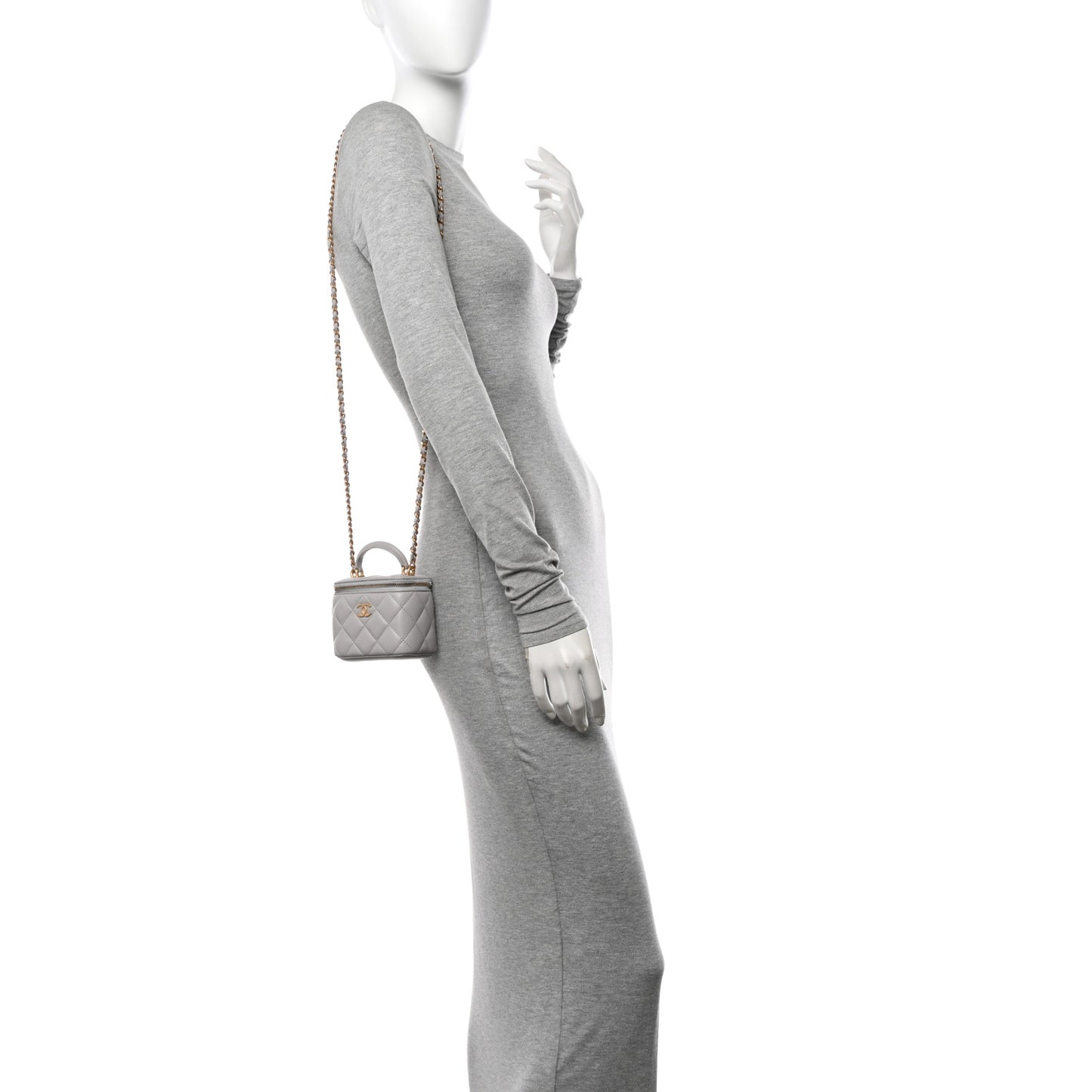 Lambskin Quilted Top Handle Mini Vanity Case With Chain Grey