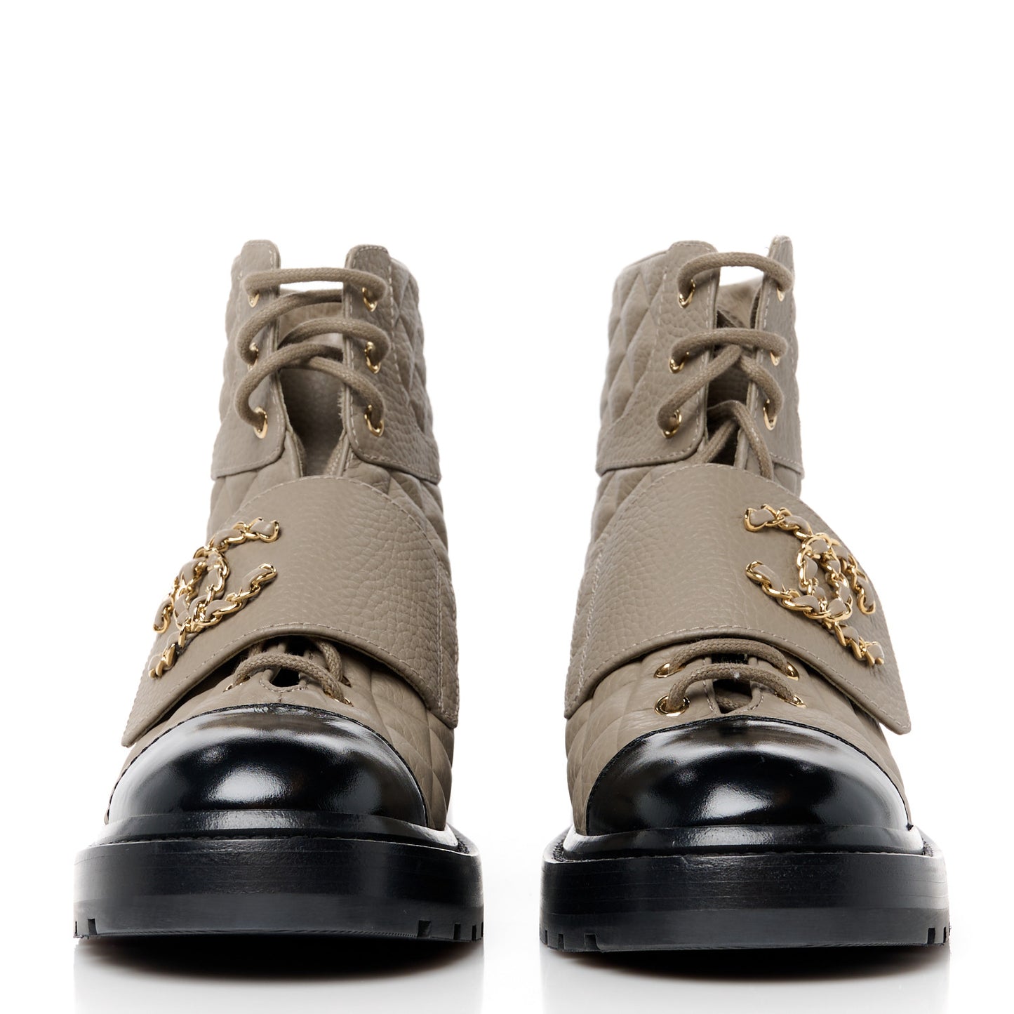 Calfskin Shiny Calfskin Quilted Lace Up Combat Boots 38 Dark Beige Black