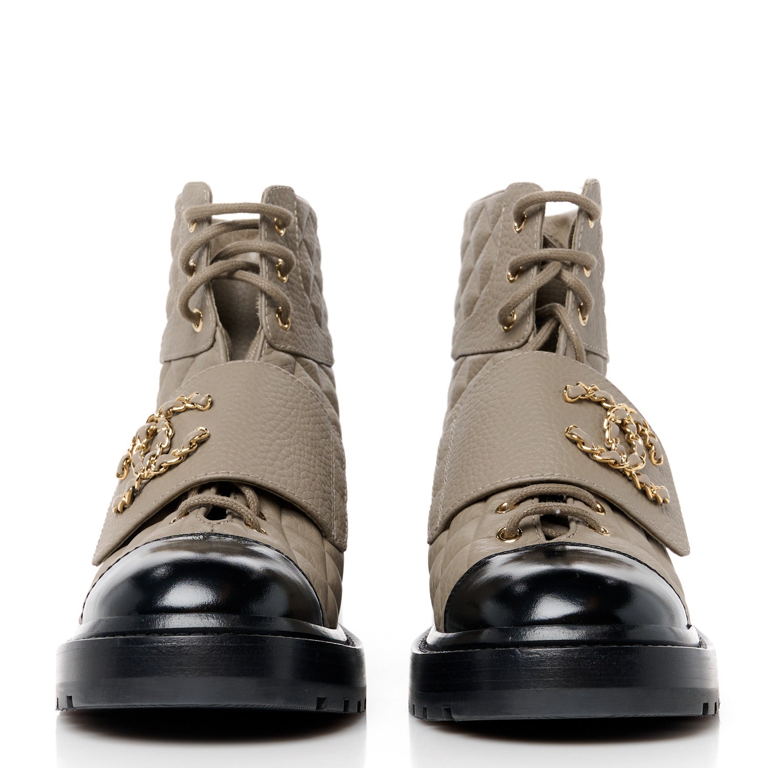 Chanel Calfskin Shiny Calfskin Quilted Lace Up Combat Boots 38 Dark Beige Black 2 of 9