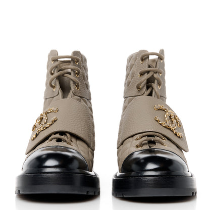 Chanel Calfskin Shiny Calfskin Quilted Lace Up Combat Boots 38 Dark Beige Black 2 of 9