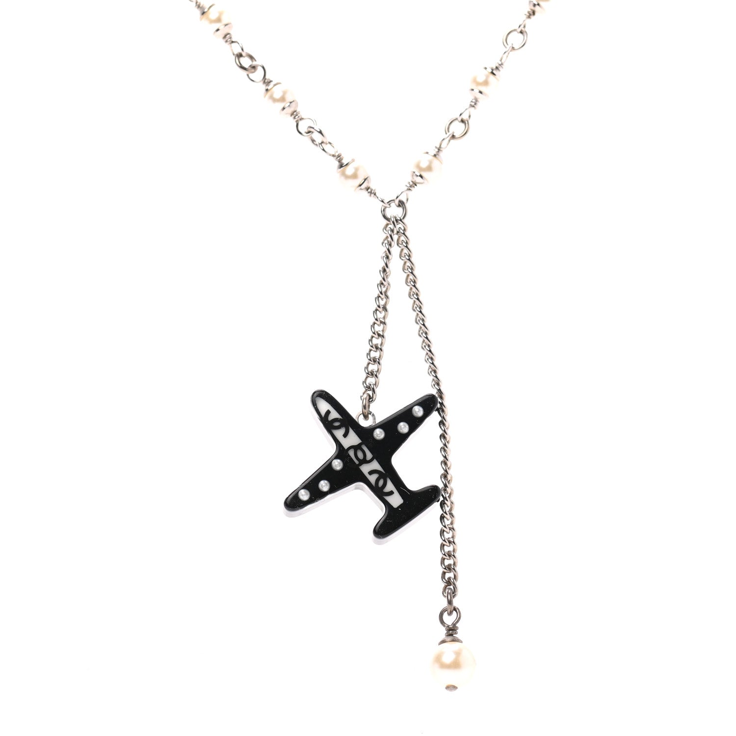 Chanel Resin Pearl Striped Airplane Necklace Black White Multi 4 of 5